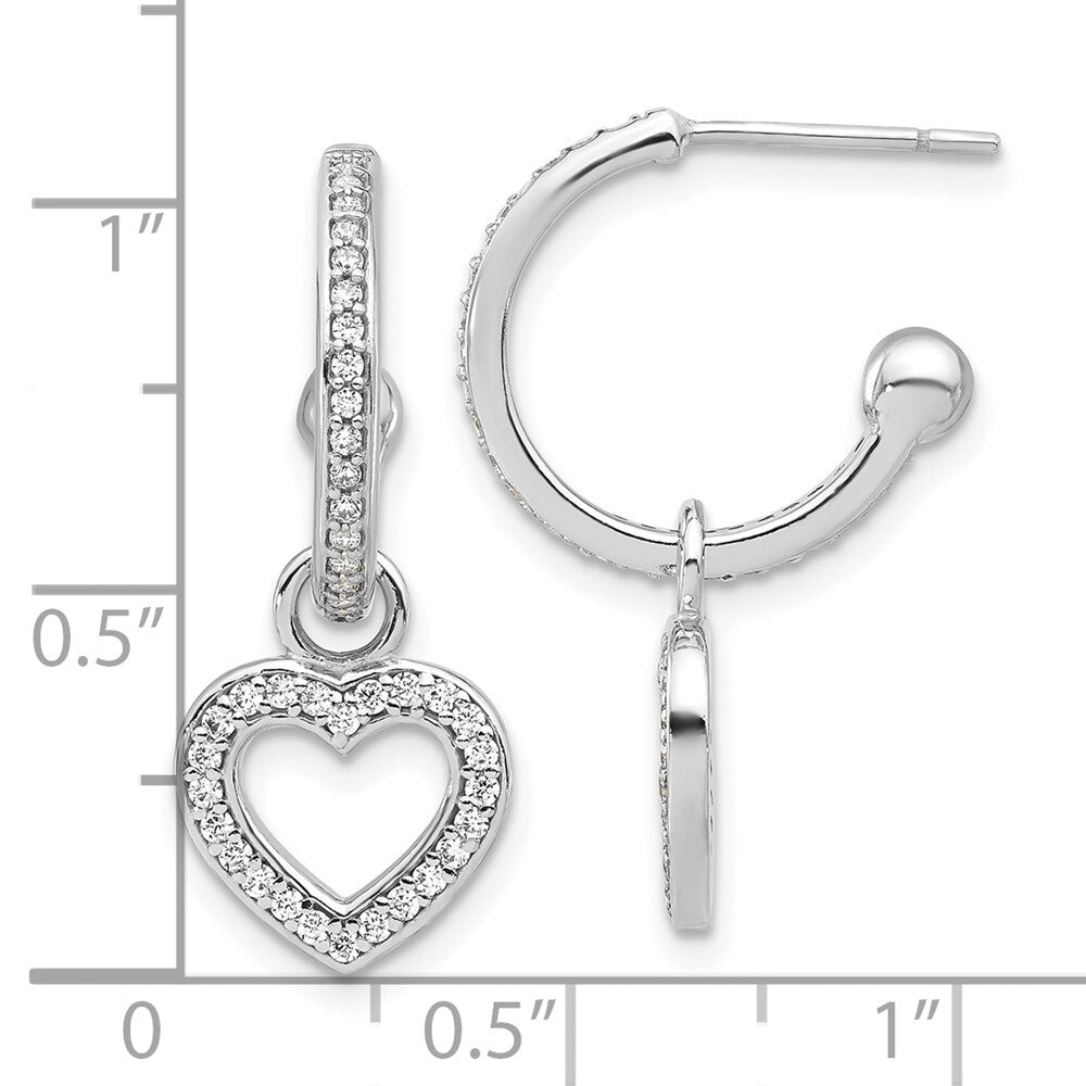 Sterling Silver Rhod-plated Polished Cubic Zirconia Dangle Heart Hoop Earrings