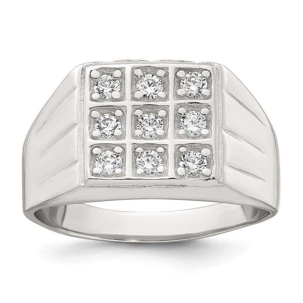 Sterling Silver Polished and Grooved CZ Square Men's Ring Size 11