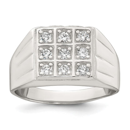 Sterling Silver Polished and Grooved CZ Square Men's Ring Size 11