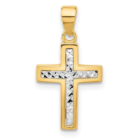 14k Two-tone Gold Polished and Diamond-cut Cross Pendant for Women