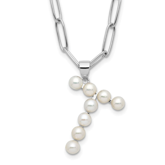 Sterling Silver 3-5.5mm White Button Cultured Pearl LETTER T Necklace 18"