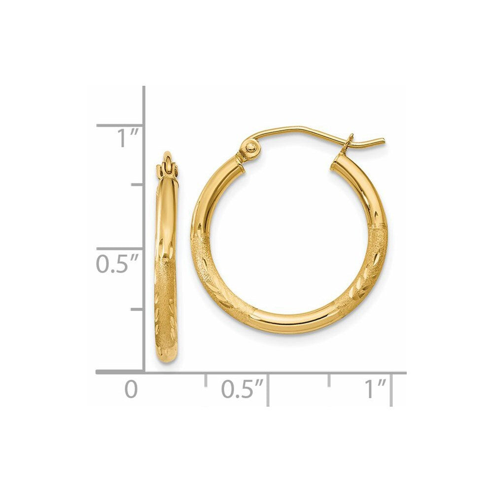 14k Yellow Gold Satin and Diamond-cut 2mm Round Tube Hoop Earrings