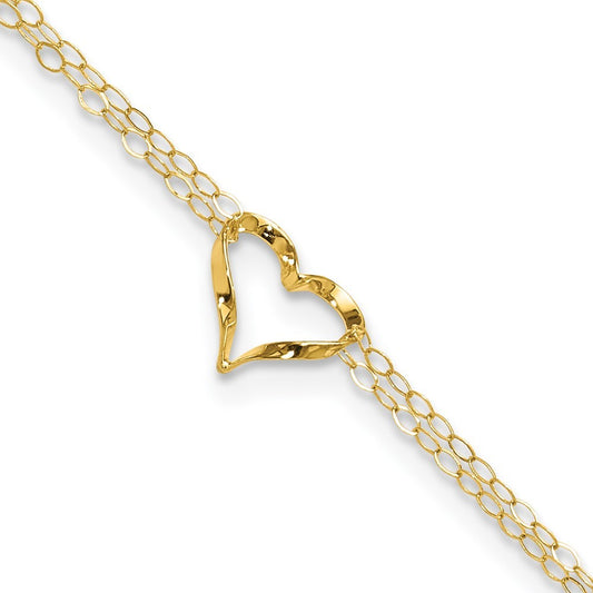 14k Yellow Gold Double Strand Chain and Twisted Heart 11" Anklet