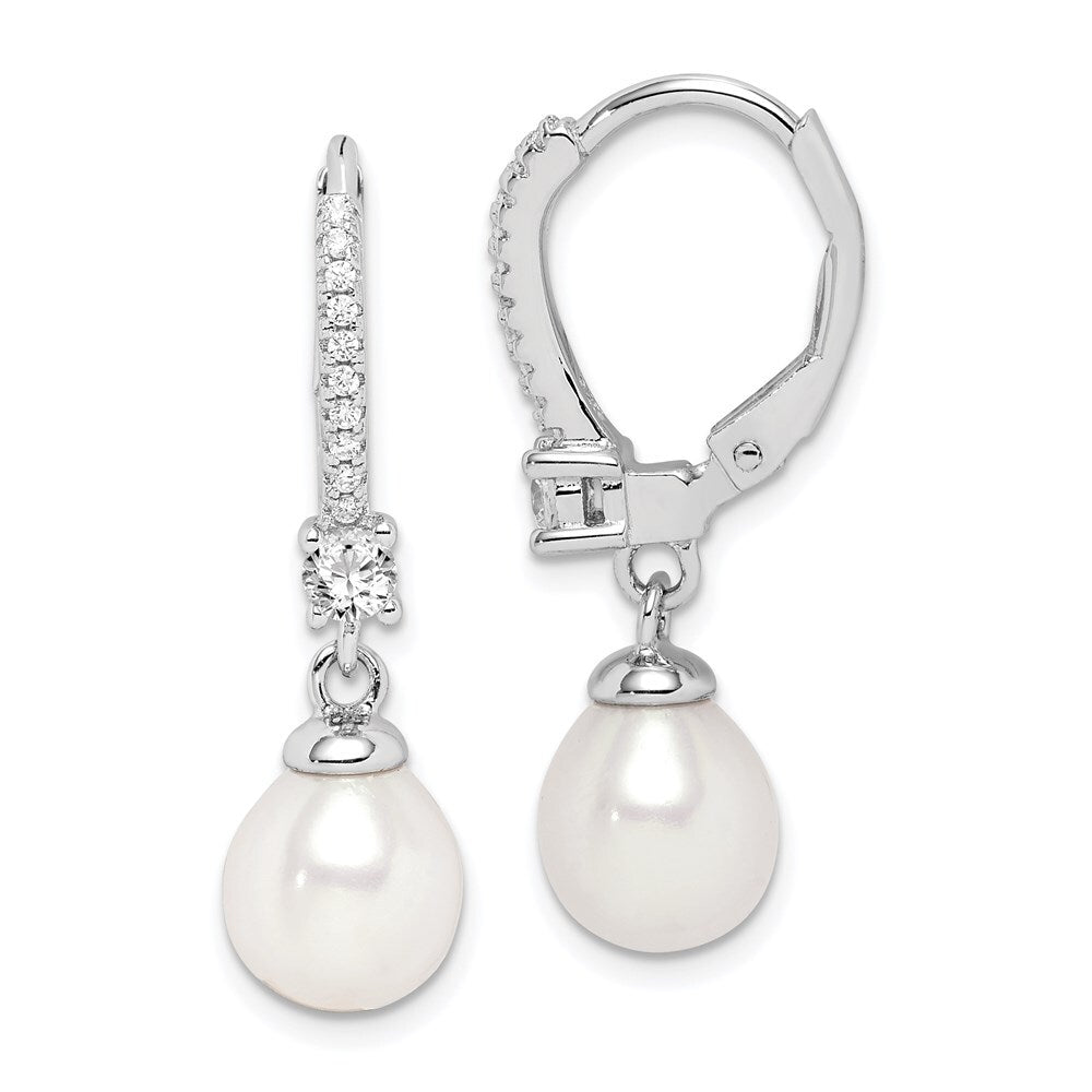 Sterling Silver 7-8mm Teardrop Cultured Pearl & Cubic Zirconia Dangle Earrings