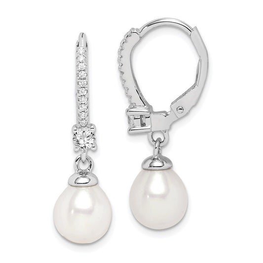 Sterling Silver 7-8mm Teardrop Cultured Pearl & Cubic Zirconia Dangle Earrings
