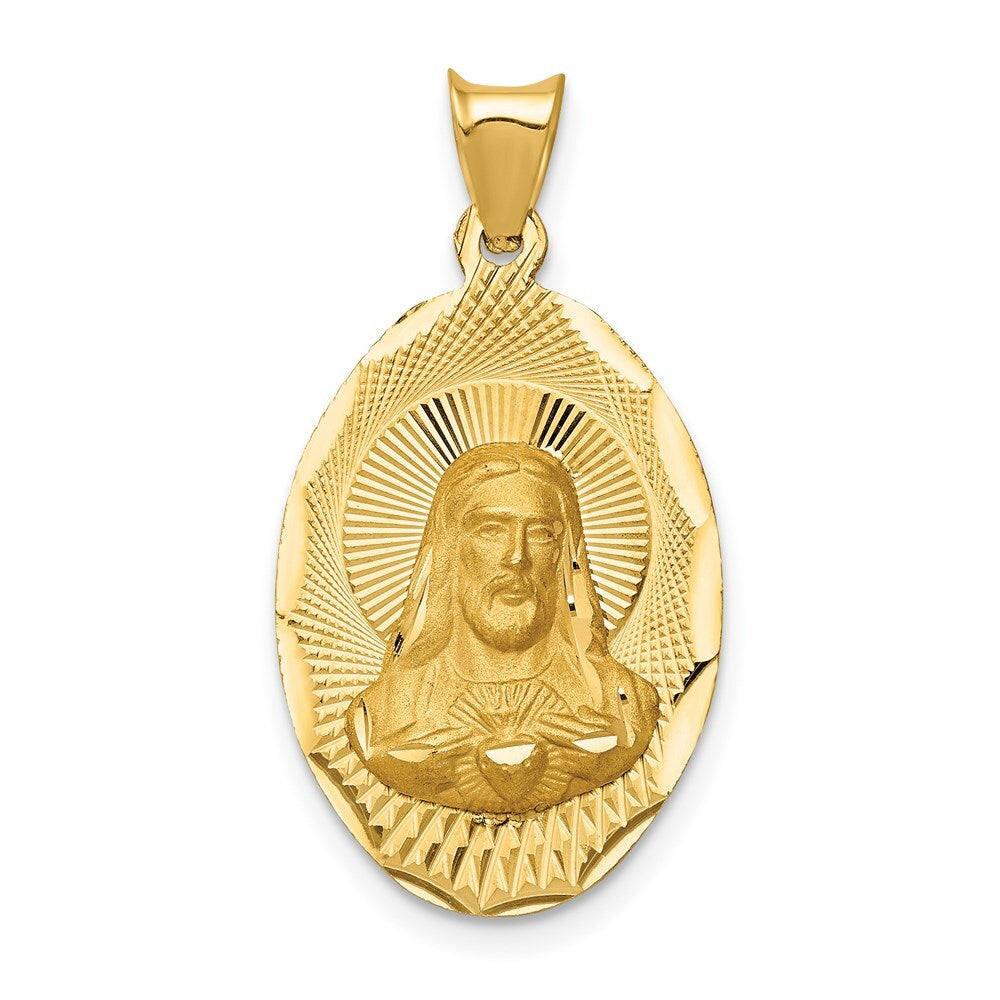 14k Yellow Gold Polished Diamond-Cut Sagrado Corazon Oval Pendant for Women