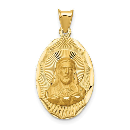 14k Yellow Gold Polished Diamond-Cut Sagrado Corazon Oval Pendant for Women