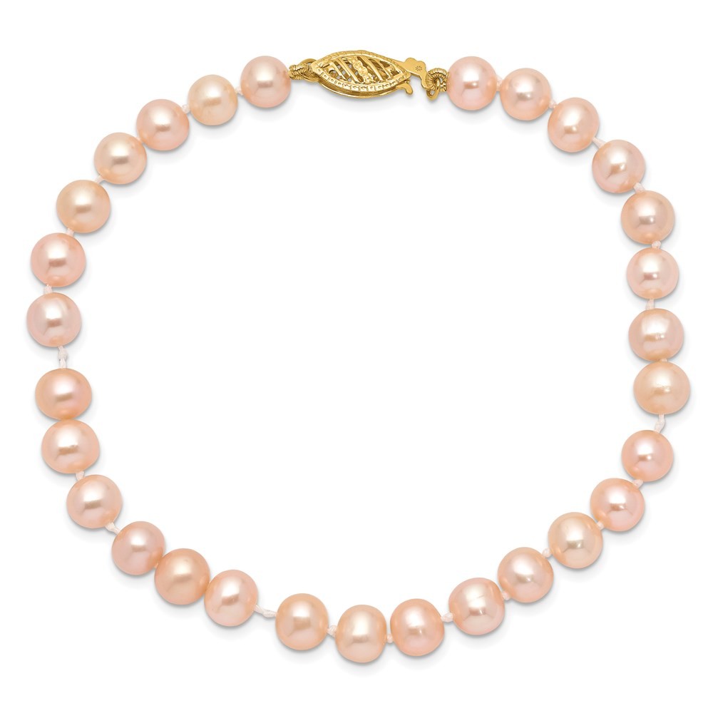 14k Yellow Gold 5-6mm Pink Near-Round Freshwater Cultured Pearl 7.5" Bracelet