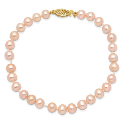 14k Yellow Gold 5-6mm Pink Near-Round Freshwater Cultured Pearl 7.5" Bracelet