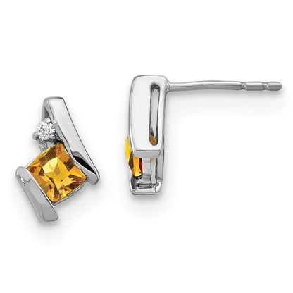 14K White Gold Cushion Citrine and Diamond Stud Earrings Gift for Women