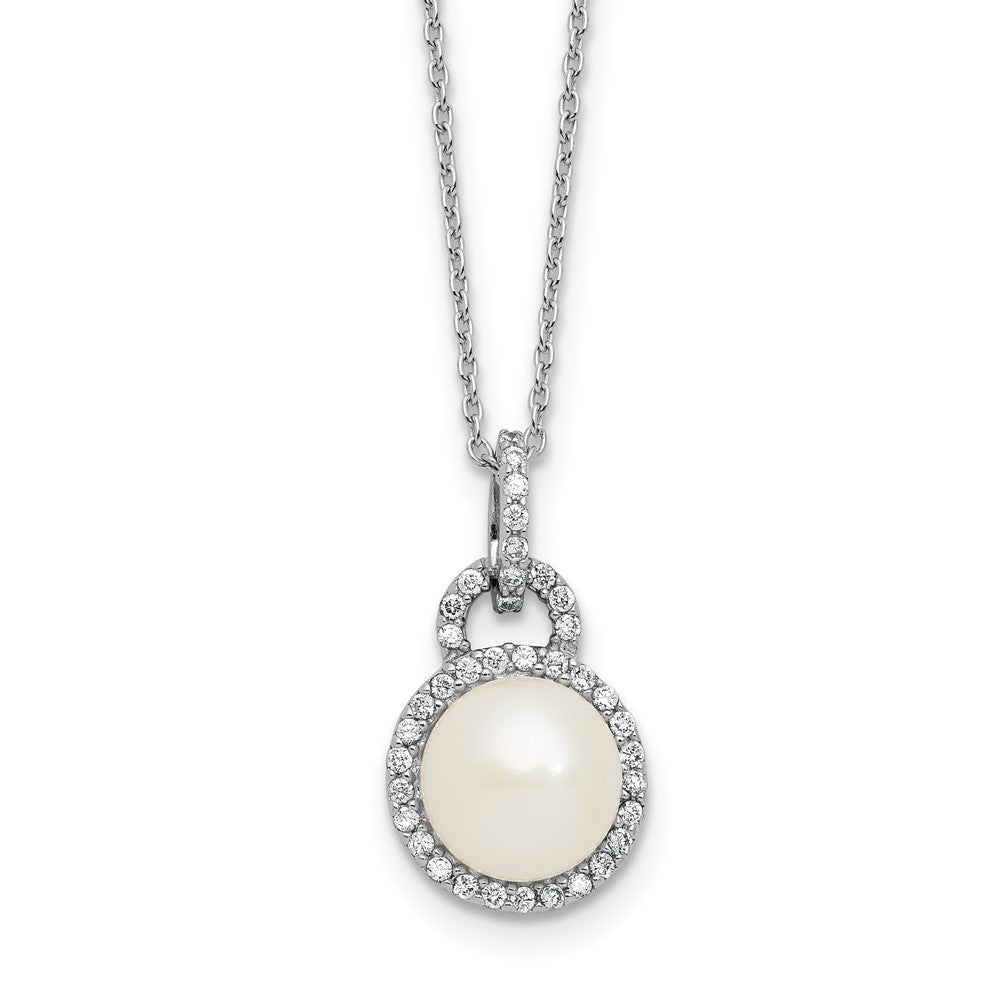 Sterling Silver 9mm Button Freshwater Cultured Pearl and CZ Halo 17" Necklace