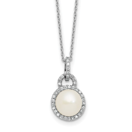 Sterling Silver 9mm Button Freshwater Cultured Pearl and CZ Halo 17" Necklace