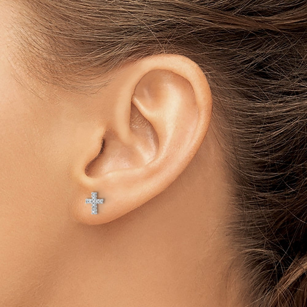 14k White Gold Polished Diamond Cross Earrings