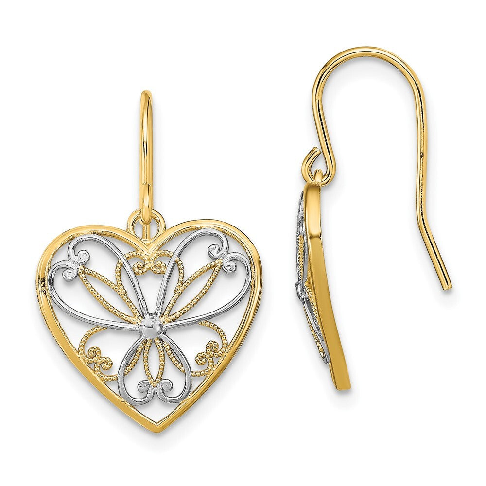 14k Yellow Gold Rhodium Polished Filigree Heart Shepherd Hook Stud Earrings