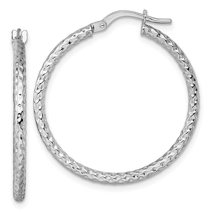 14k White Gold Polished Diamond-cut Textured 2 x 28mm Tube Hoop Earrings