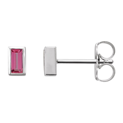 Gift for Mothers 14k White Gold Natural Pink Tourmaline Bezel-Set Stud Earrings