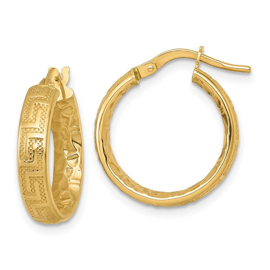 14k Yellow Gold Polished Textured Greek Key Inside Hinged Hoop Earrings