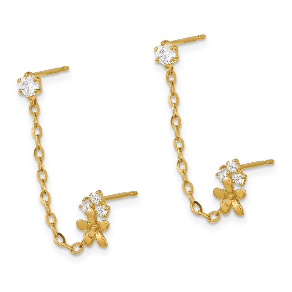 14k Yellow Gold CZ Double w/Chain Flower Earring