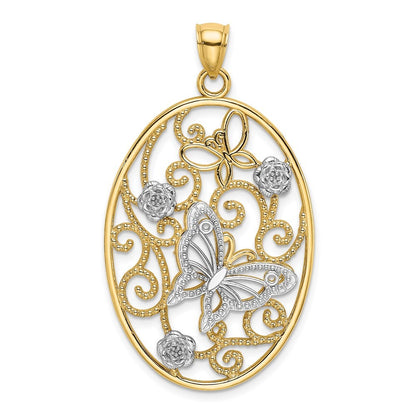 14k Two-Tone Gold w Rhodium Butterfly and Flowers in Oval Frame Charm