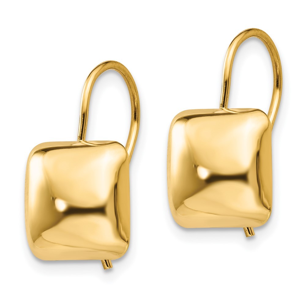 14k Yellow Gold Polished 9.5mm Puffed Square Kidney Wire Earrings