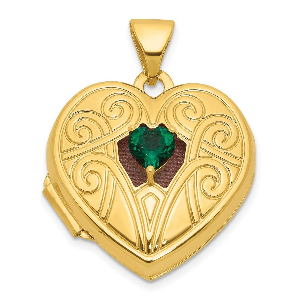 14k Yellow Gold Polished Lab Created Emerald 18mm Heart Locket Pendant