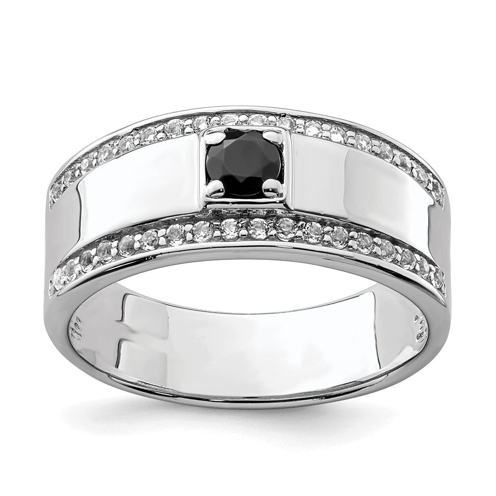 Sterling Silver Rhodium-plated Men's Onyx and White Topaz Ring Size 11