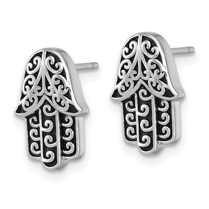 Sterling Silver Rhodium-plated  and Oxidized Filigree Hamsa Post Earrings