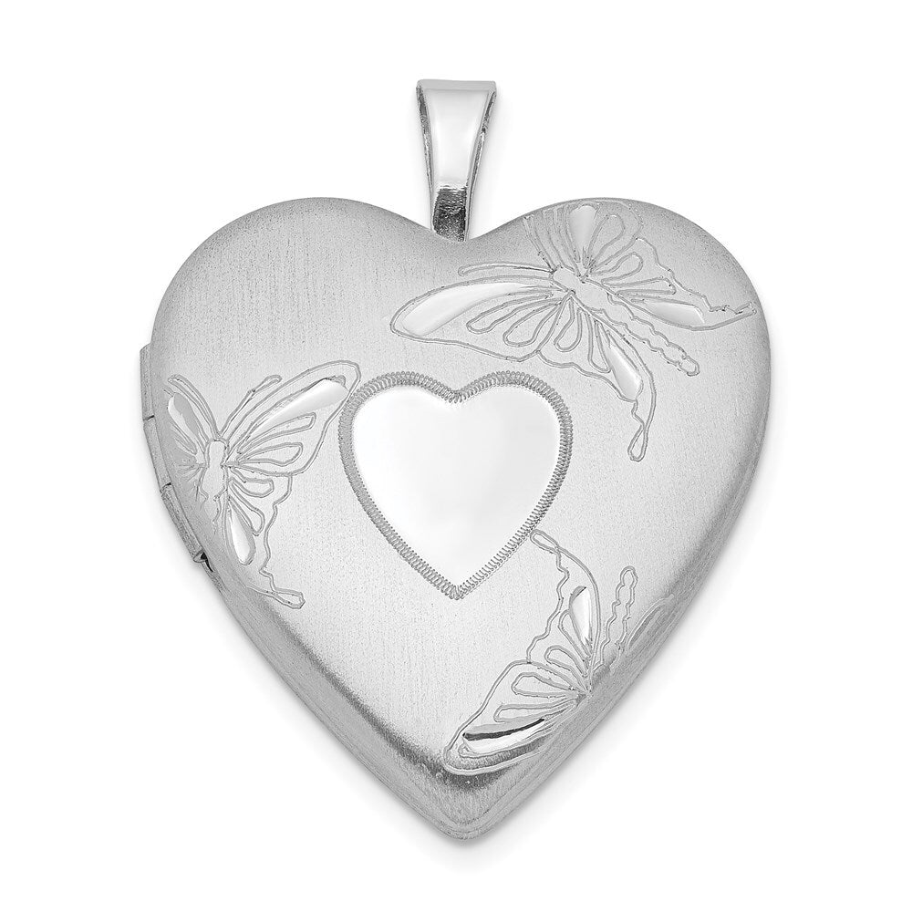 Sterling Silver 20mm Satin/Polished Diamond-cut Butterfly Heart Locket
