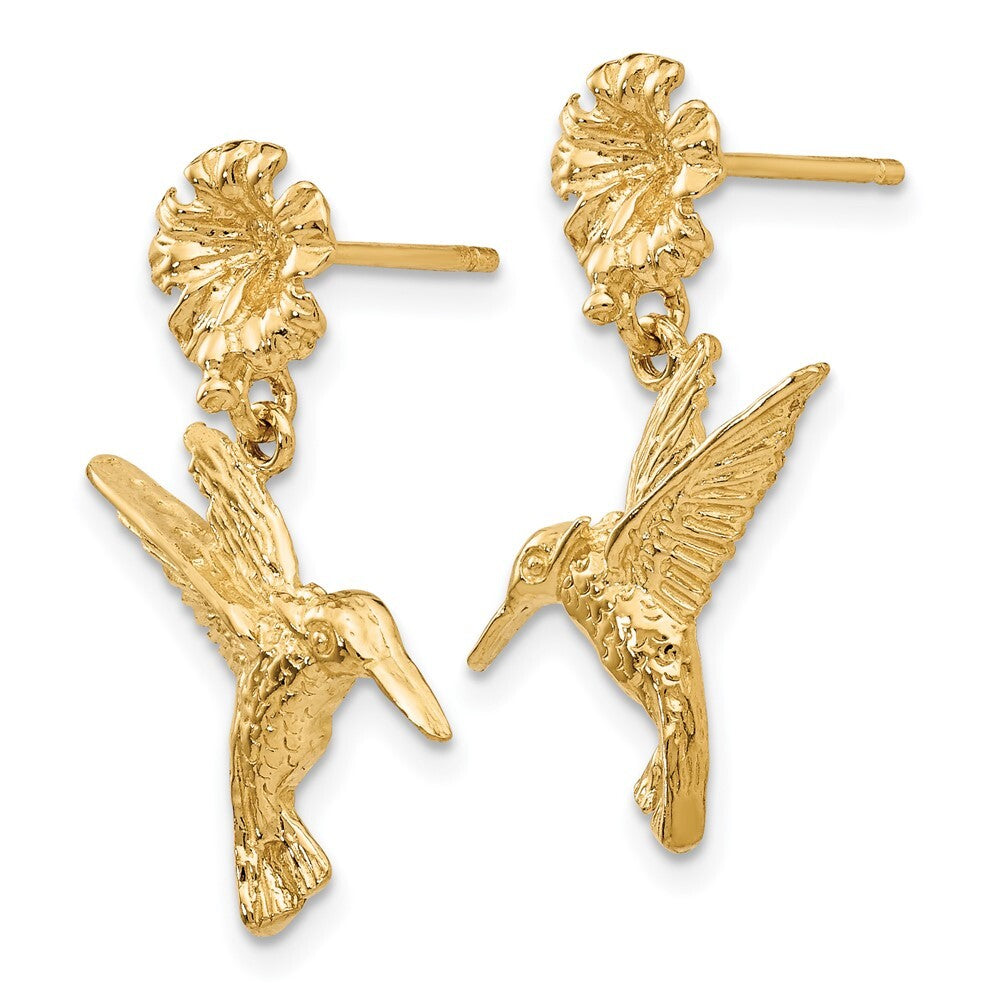 14k Yellow Gold Hummingbird Dangles from Flower Earrings Gift for Women