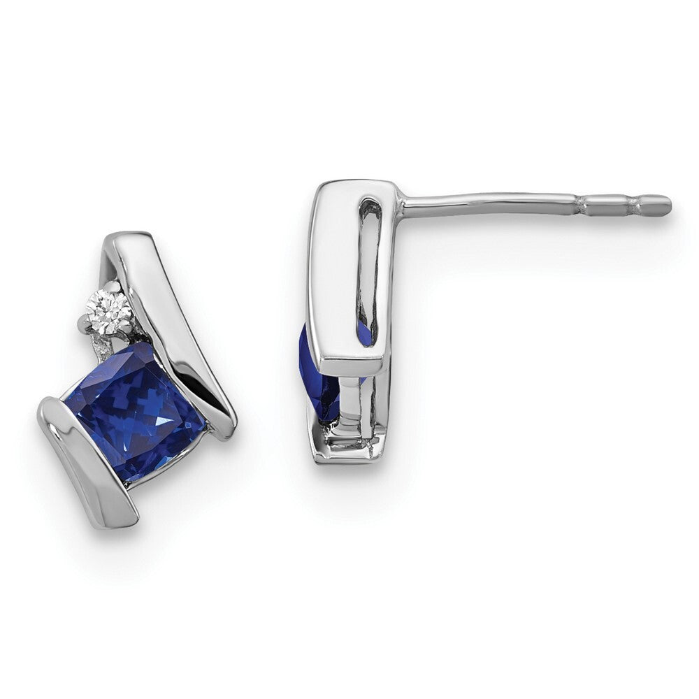 14K White Gold Cushion Cr. Sapphire and Diamond Stud Earrings