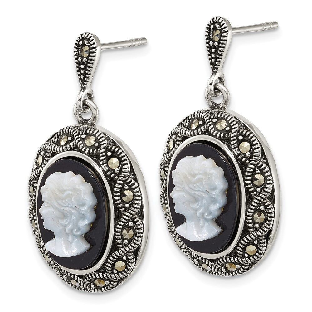 Sterling Silver Marcasite Black Agate and Mother of Pearl Cameo Dangle Earrings