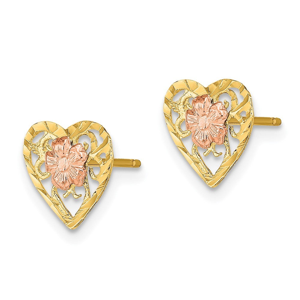 14k Two-tone Gold Diamond-Cut Heart and Flower Earrings