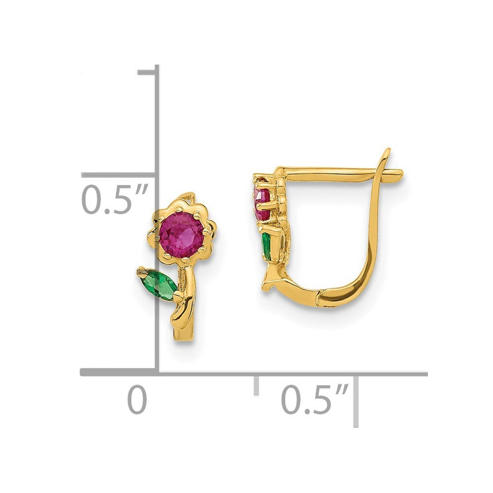 14k Yellow Gold Polished Red & Green Cubic Zirconia Flower Hoops Gift for Women