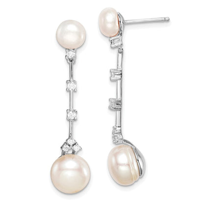Sterling Silver Cubic Zirconia FWC Button Pearl Dangle Post Earrings