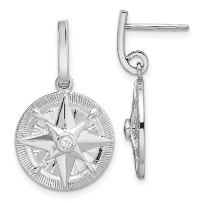 Sterling Silver Polished Cubic Zirconia Compass Dangle Post Earrings