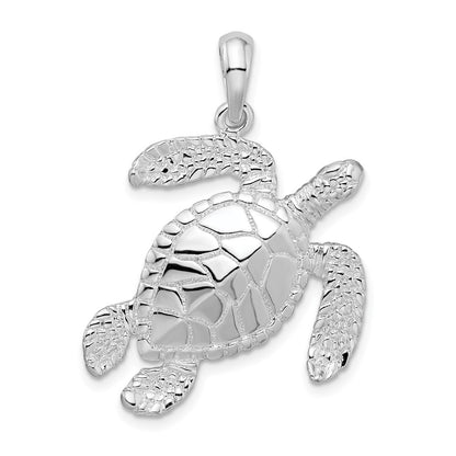 Sterling Silver Rhodium-Plated Polished Large Swimming Sea Turtle Pendant