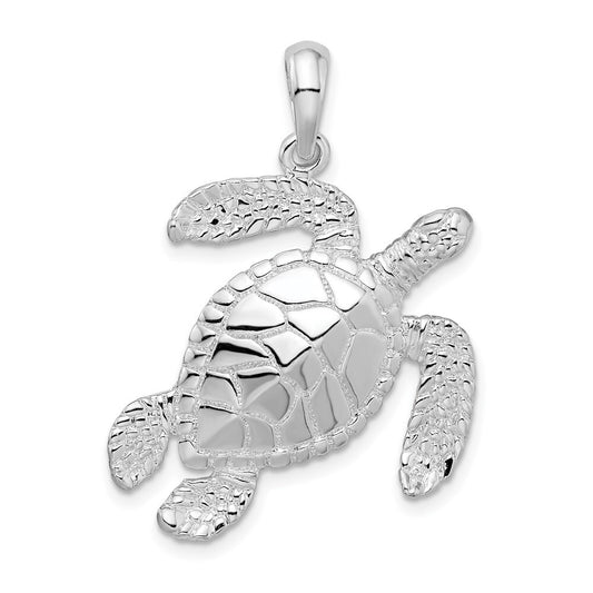 Sterling Silver Rhodium-Plated Polished Large Swimming Sea Turtle Pendant