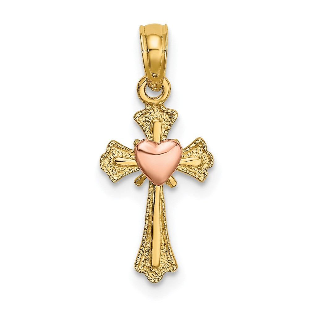 14k Two-tone Gold Cross w/ Heart Charm Pendant