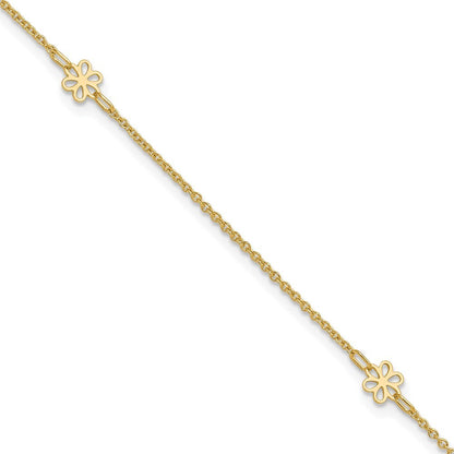 14k Yellow Gold Flowers 3-Station with Flower Dangle 11" Anklet