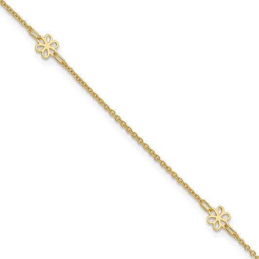 14k Yellow Gold Flowers 3-Station with Flower Dangle 11" Anklet