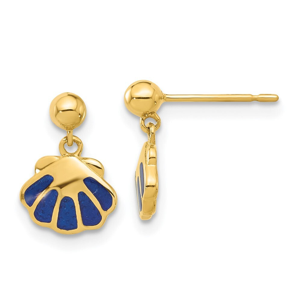 14k Yellow Gold Polished Blue Enameled Shell Dangle Earrings Gift for Women