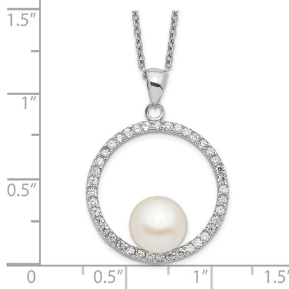 Sterling Silver 8-9mm White Button Freshwater Cultured Pearl and CZ 17" Necklace