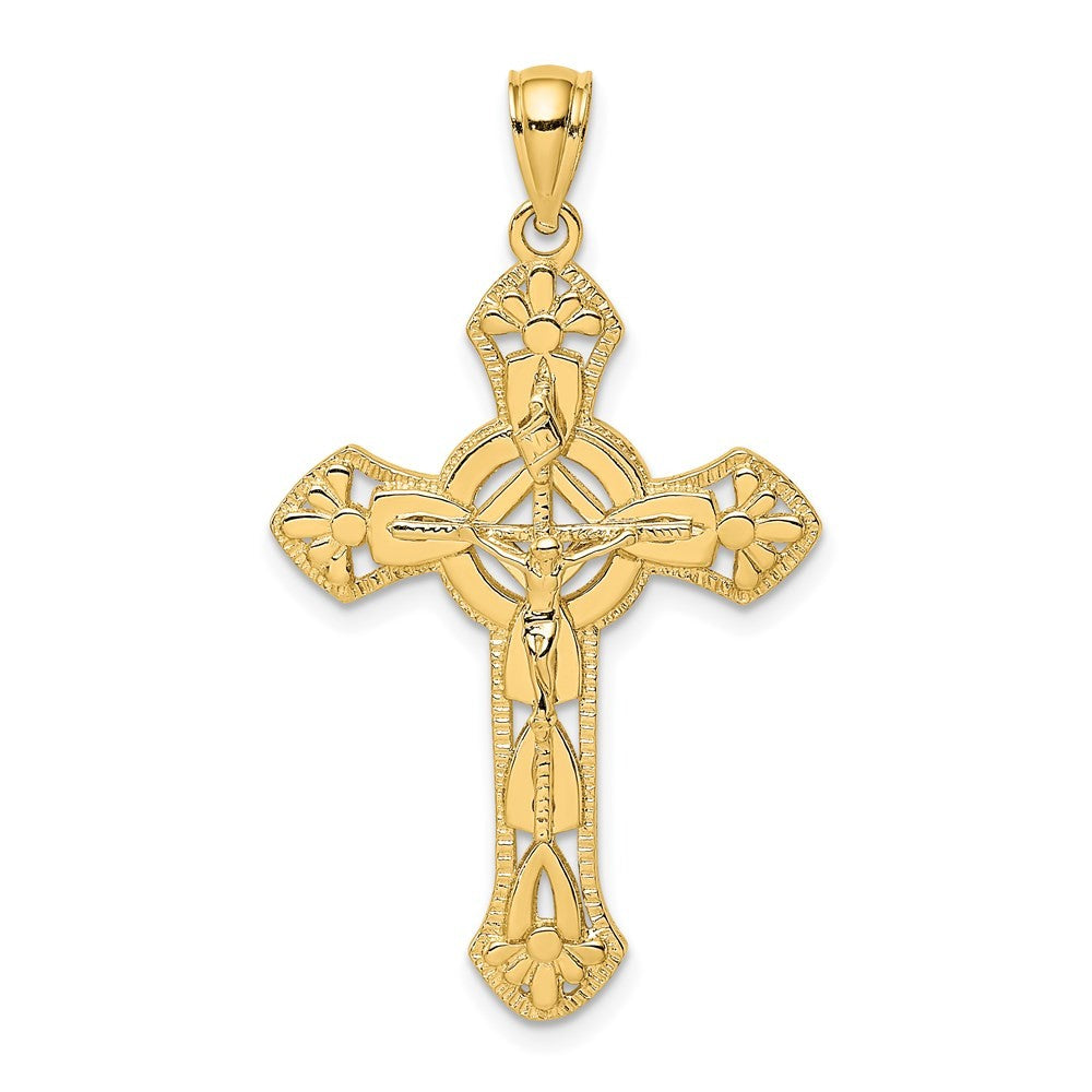 14k Yellow Gold Textured Crucifix W/ Arrow Charm