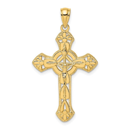 14k Yellow Gold Textured Crucifix W/ Arrow Charm