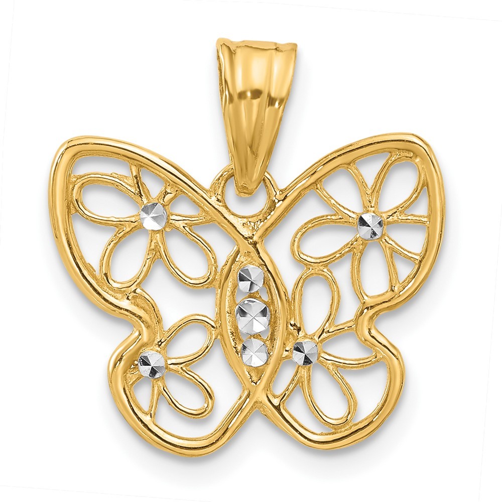 14k Yellow Gold and White Rhodium and Diamond-cut Flower Butterfly Pendant