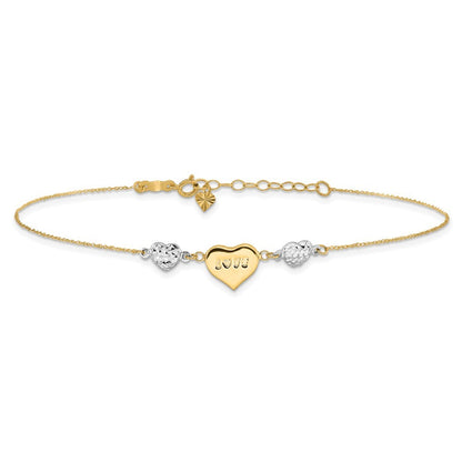 14K Two-tone Diamond-cut and LOVE Puffed Heart 11" Anklet