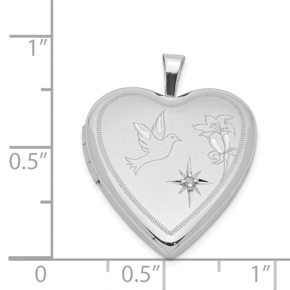 Sterling Silver Rhodium-plated Diamond Diamond-Cut Dove & Flower Heart Locket