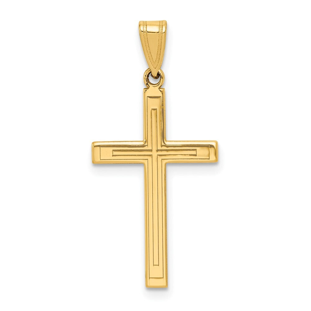 14k Yellow Gold Solid Laser Etched Cross Pendant for Women