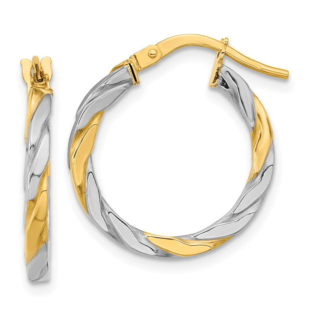 14k Yellow Gold & White Rhodium Polished & Twist Hoop Earrings Gift for Women