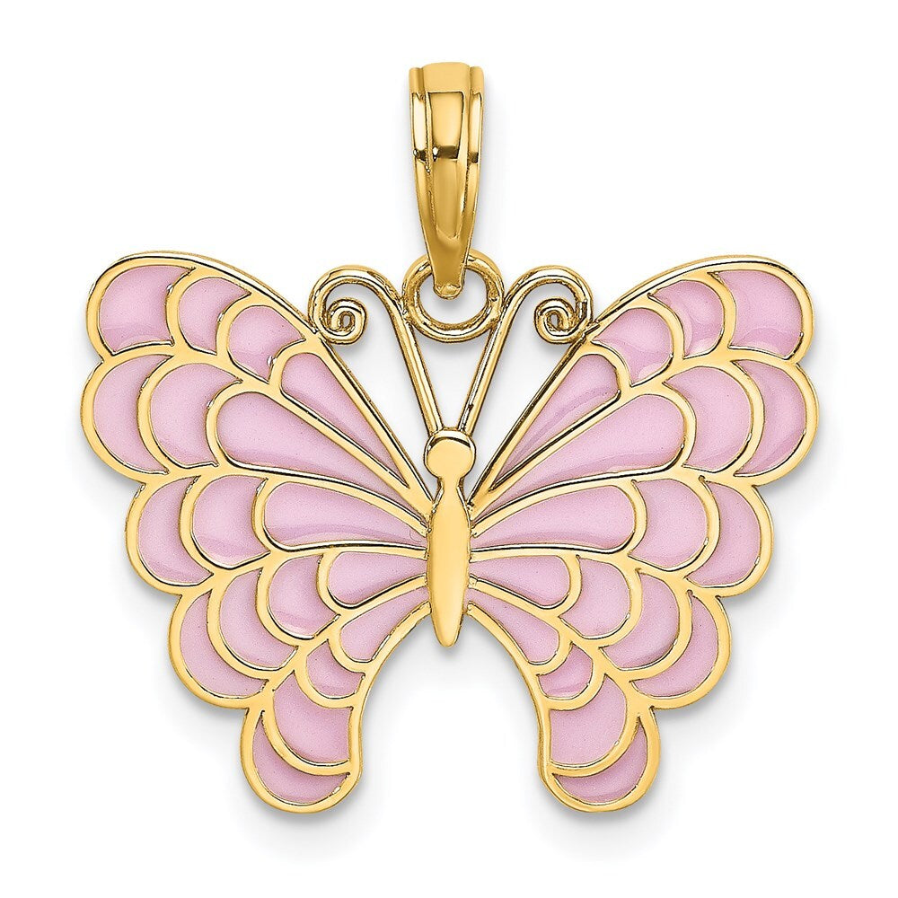 14k Yellow Gold Lavender Enameled Butterfly Pendant for Women